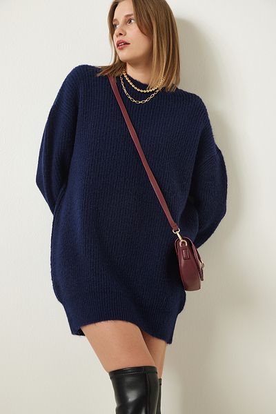 Happiness İstanbul Navy Blue Oversize Long Basic kötöttáru pulóver BV00099