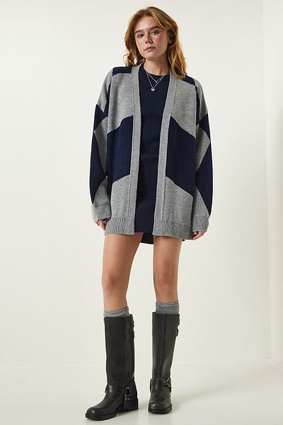 Happiness İstanbul Grey Navy Blue Patterned Thick Cardigan Jacket BV00013