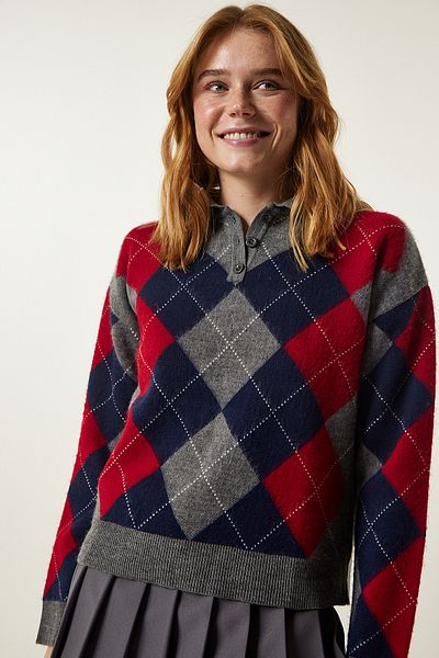 Happiness İstanbul Gray Navy Blue Polo Collar Diamond Patterned Knitwear Sweater FN03168
