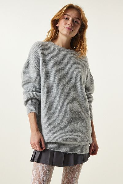 Happiness İstanbul Világosszürke Oversize Long Basic kötöttáru pulóver BV00099