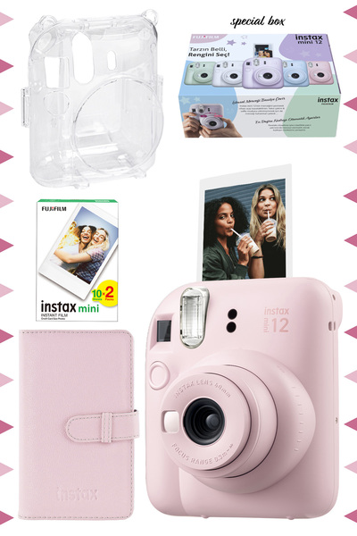 Fujifilm Instax Mini 12 Pembe Fotoğraf Makinesi-20'lu Film-Laporta Albüm ve Şeffaf Kılıf Seti