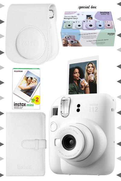 Fujifilm Instax Mini 12 Beyaz Fotoğraf Makinesi-20'li Film-Laporta Albüm ve Deri Kılıf Seti