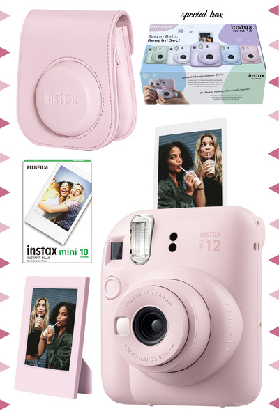 Fujifilm Instax mini 12 Pembe Fotoğraf Makinesi-10'lu Film-Çerçeve ve Deri Kı...