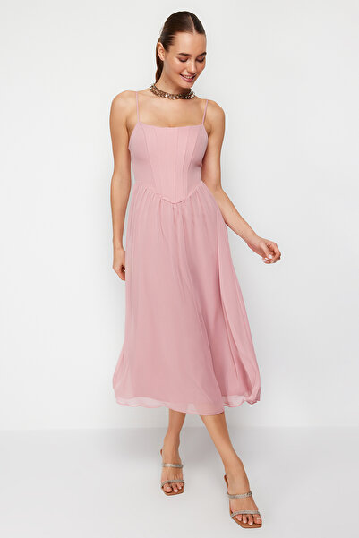 Trendyol Collection Rochie de seară elegantă din tul țesut cu corset căptușit în linie A Dusty Rose Rochie de absolvire de noapte TPRSS24EL00041