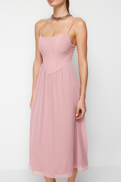 Trendyol Collection Rochie de seară elegantă din tul țesut cu corset căptușit în linie A Dusty Rose Rochie de absolvire de noapte TPRSS24EL00041