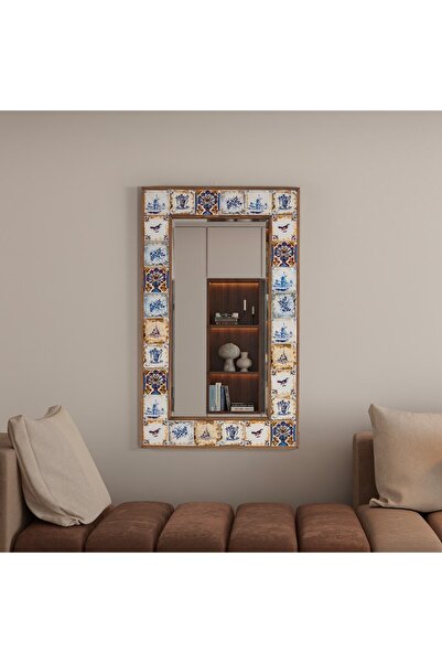 Resmo Selanik Etnik Çini Seramik Ceviz 60x100 cm Doğal Ağaç Çerçeveli Duvar Konsol Aynası