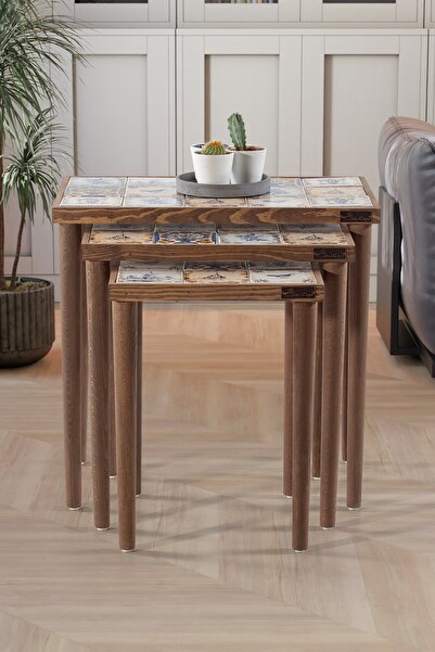 Resmo Selanik Etnik Çini Seramik Doğal Ağaç Çerçeveli 3lü Zigon Sehpa