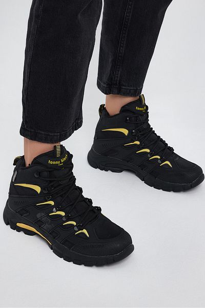 Tonny Black Unisex Schwarz Gelb Bequeme, wasserabweisende Unisex-Schnürstiefel