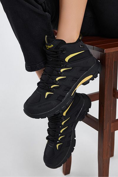 Tonny Black Unisex Schwarz Gelb Bequeme, wasserabweisende Unisex-Schnürstiefel