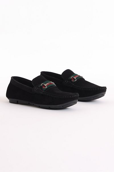 Tonny Black Men's Black Front Buckle Suede Genuine Leather Loafer