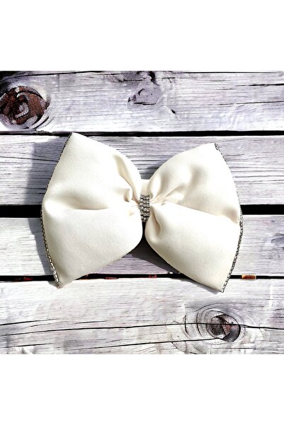 alsaccessories Țesătură creponată de culoare albă, cu margini și centru, cu piatră de zirconiu de culoare argintie, închidere crocodil, clemă de păr