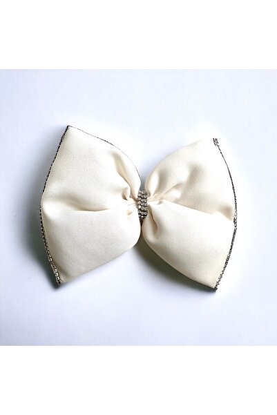 alsaccessories Țesătură creponată de culoare albă, cu margini și centru, cu piatră de zirconiu de culoare argintie, închidere crocodil, clemă de păr