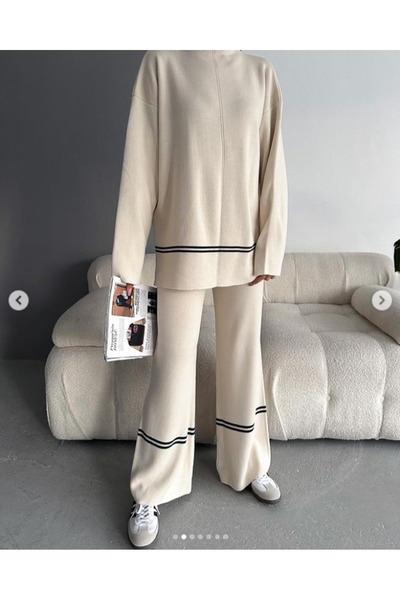 Leo Ferre Stand Collar Stripe Detailed Casual Knitwear Trousers Set