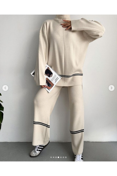 Leo Ferre Stand Collar Stripe Detailed Casual Knitwear Trousers Set