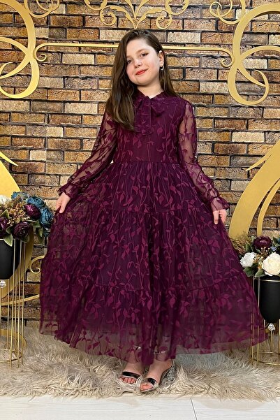 ABİYEKİDS Rochie de seara pentru copii cu model de frunze din dantela, lungim...