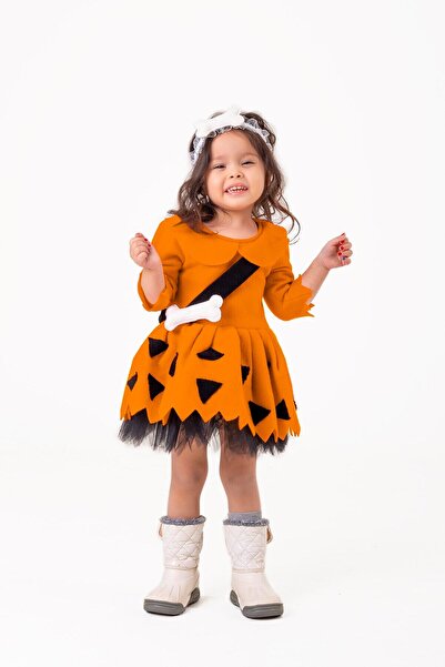 HEPSİMİNNAK Kız Çocuk Taş Devri Oranj Çakıl Elbise Parti Özel Gün Doğum Günü ...