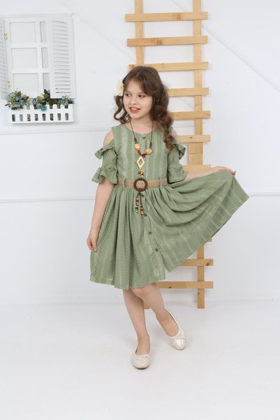şımarık kids Girl's Green Belted Necklace Lace Dress