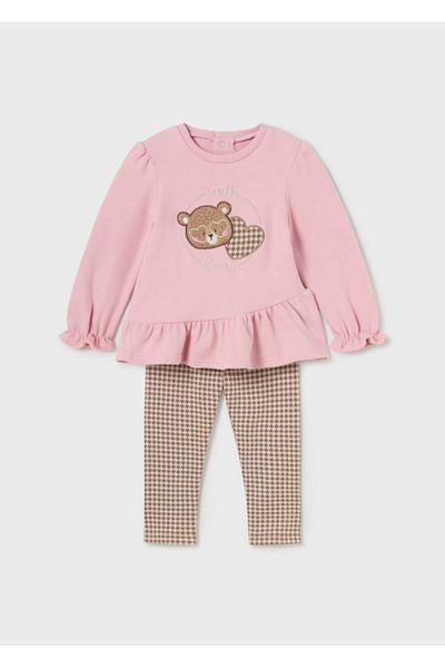 MAYORAL Baby Girl Houndstooth Tights with Teddy Bear Figure Double Set Powder L24K2771