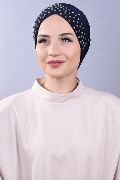 Melodi Scarf Women's Hijab Pearl and Stoned Pool Outer Bonnet Navy Blue