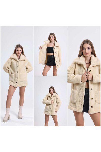UPARS Cream Oversize Plush Coat Front Buttoned