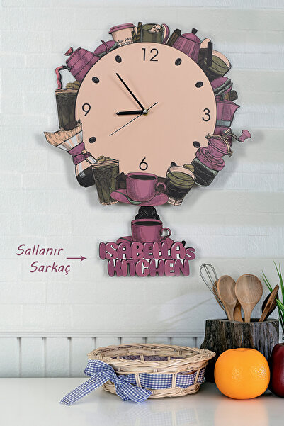 elfidadesign 3 Boyutlu Kahve Dünyası Temalı Sarkaçlı Ahşap Mutfak Duvar Saati...