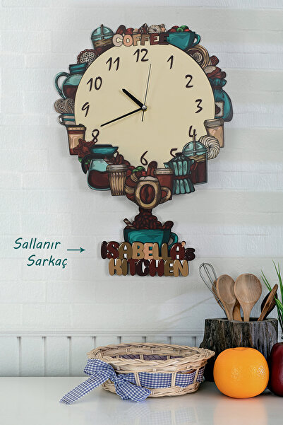 elfidadesign 3 Boyutlu Kahve Dünyası Temalı Sarkaçlı Ahşap Mutfak Duvar Saati...