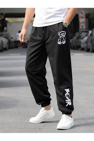 Khione Unisex Black Bear Printed Raised Feet Φούτερ με ελαστικό πόδι