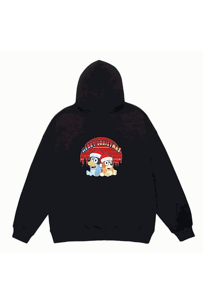 MarkaTurko Унисекс суитшърт с качулка и щампа BLUEY CHRISTMAS, черен, 19-35 г.