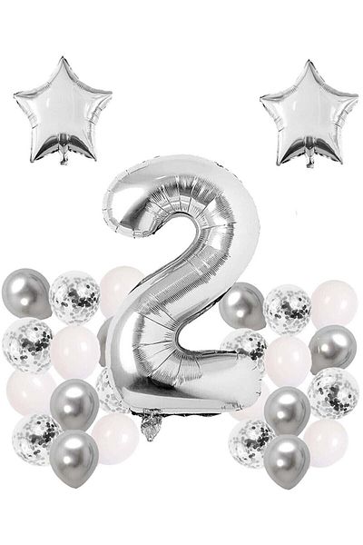 Bkmc Silver Concept Year Birthday Celebration Set White Silver Confetti Balloon Number Star Foil
