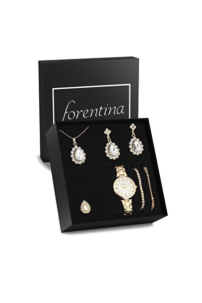 Forentina Beyaz Taşlı Kolye Küpe Yüzük Bileklik Saat - Hediye Set - Ps271900tr