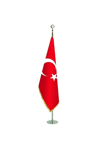 bayrakal Makam Bayrağı, Türk Bayrağı, Simli Telalı Bayrak Krom Direkli 224cm.