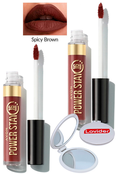AVON Power Stay Likit Mat Ruj - Spicy Brown 2'li + Lovider Cep Aynası Hediye