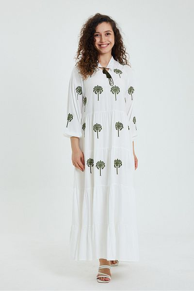 Denismoda Women's Long Balloon Sleeve Embroidery Detailed Long Viscose Dress