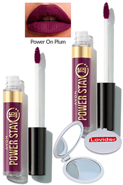 AVON Power Stay Likit Mat Ruj - Power On Plum 2'li + Lovider Cep Aynası Hediye