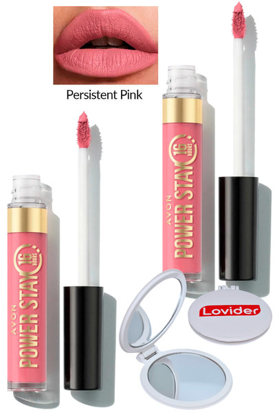 AVON Power Stay Likit Mat Ruj - Persistent Pink 2'li + Lovider Cep Aynası Hediye