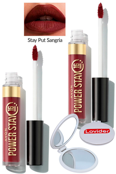 AVON Power Stay Likit Mat Ruj - Stay Put Sangria 2'li + Lovider Cep Aynası He...