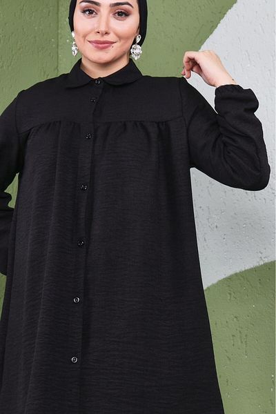 Giyim Gezegeni Women's Imported Linen Tunic Shirt with Gathered Front and Elastic Sleeves