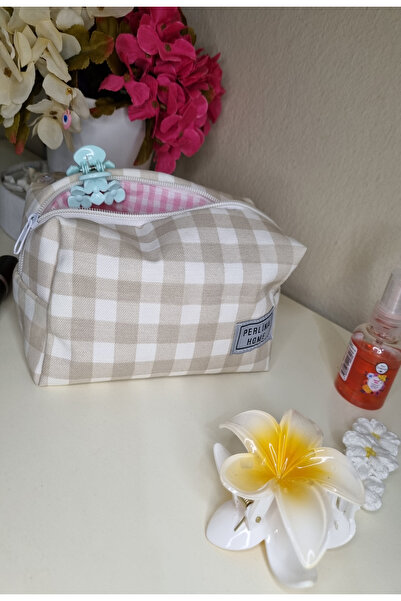 perlina home حقيبة مكياج منقوشة بيج _ حجم كبير