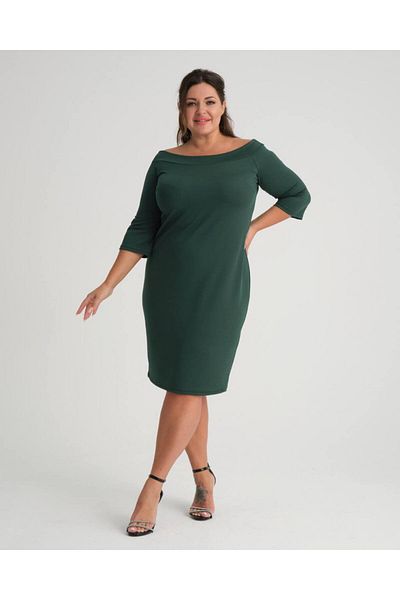 Butik Nilyam Γυναικείο μονόχρωμο φόρεμα από ύφασμα κρεπ λαιμό σκάφος 22008 πράσινο