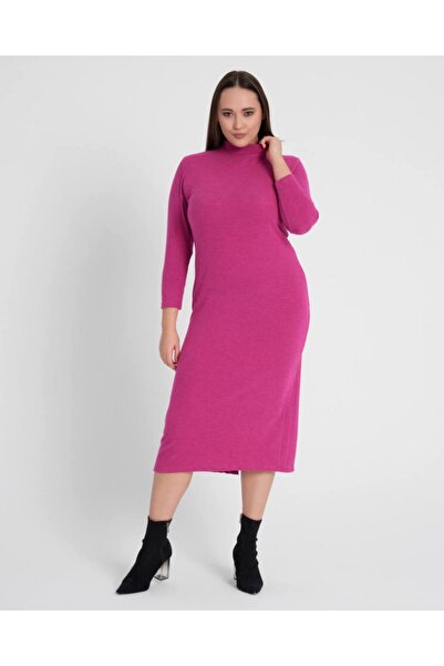 Butik Nilyam Women's Large Size Turtleneck Basic Dress Pink 22010