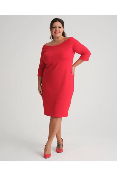 Butik Nilyam Women's Large Size Boat Neck Crepe Fabric Straight Dress 22008 Red