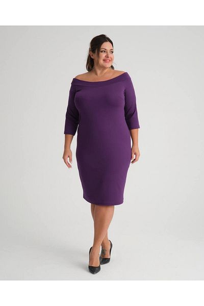Butik Nilyam Women's Large Size Boat Neck Crepe Fabric Straight Dress 22008 Purple