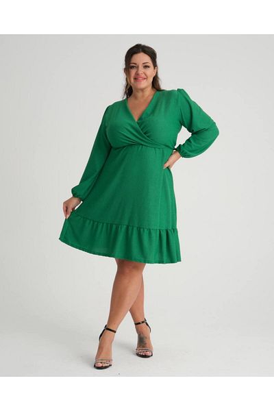 Butik Nilyam Women's Plus Size Double Breasted Collar Long Sleeve Dress 22015 Green