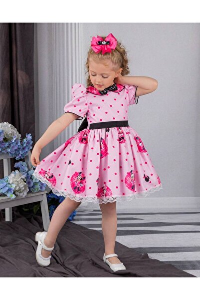 Sare Çocuk Giyim Pembe Minie Mouse Baskılı Doğum Günü Çocuk Elbisesi