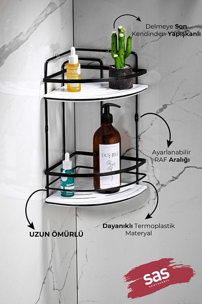 Sas Haus Hanging Bathroom Organizer with Stainless Crystal and Shelf - Adhesiveness Corner Lk-02 Sb