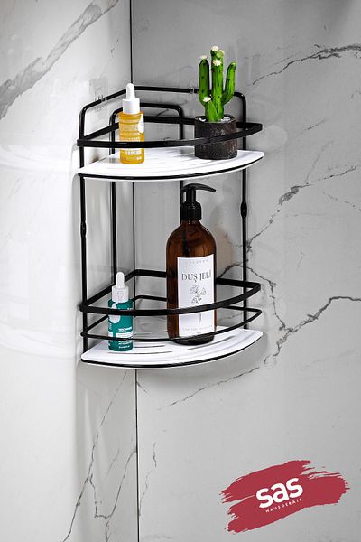 Sas Haus Hanging Bathroom Organizer with Stainless Crystal and Shelf - Adhesiveness Corner Lk-02 Sb