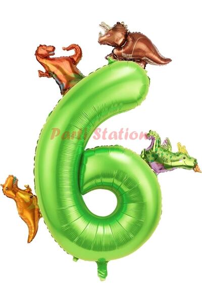 Parti Station Dinozor Konsept Yeşil Rakam 6 Yaş Balon Yeşil Renk Dinazor Yaş Balon Uçan Helyum Sayı Balon
