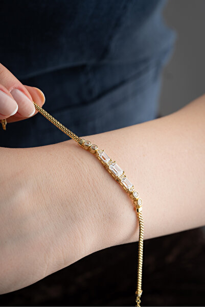 Nereze 925 Ayar Gümüş Gold Kaplama Balık Sırtı Zincirli 3 Baget Taşlı Bileklik