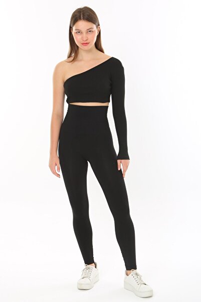 Rooted بلوزة بأكمام طويلة وكتف واحد، قماش قصير مضلع