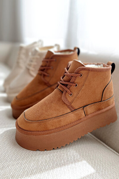 POLKA STORE Άνετα γυναικεία μποτάκια Ultra Mini Πλατφόρμα με επένδυση από γούνα με χοντρή σόλα καφέ καφέ με κορδόνια